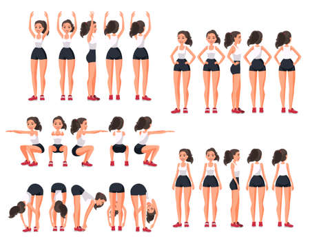 Vector illustration of  sportive woman in sportswear in different poses .Cartoon realistic people illustration. Flat young woman. Front view girl, Side view ,Back side view , Isometric view.のイラスト素材