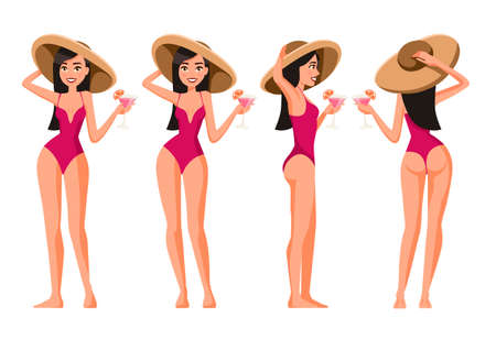 Vector illustration of women in swimsuit with hat and cocktail. Cartoon realistic people. Flat young woman. Front view girl, Side view, Back side view. Happy slim girl on vacation.のイラスト素材
