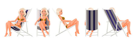 Vector illustration of women in underwear in chaise lounge. Cartoon realistic people. Flat young woman. Front view girl, Side view, Back side view, Isometric view. Slim woman sunbathing in beach chairのイラスト素材