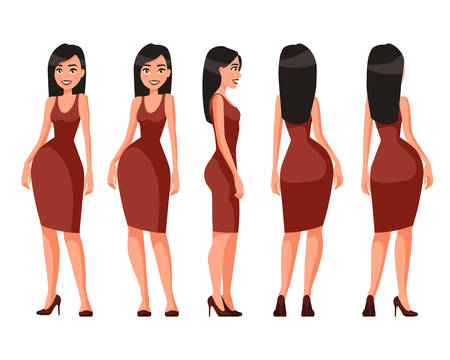 Vector illustration of a girl with long hair in casual clothes under the white background.Cartoon realistic people illustration.Flat young woman.Front, side and back views.のイラスト素材