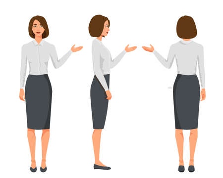 Vector illustration of three business woman in official clothes.Question pose.Presentation pose.Cartoon realistic people.Flat young woman.Front view girl,Side view girl,Back side of girlのイラスト素材