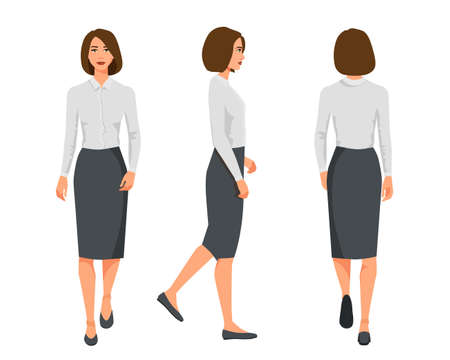 Vector illustration of three walking business woman  in official clothes. Cartoon realistic people illustartion.Flat young woman.Front view girl,Side view girl,Back side of girlのイラスト素材