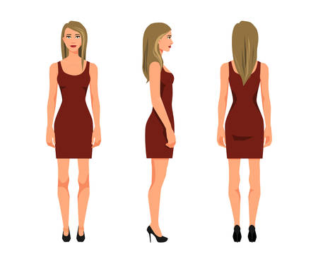Vector illustration of three girl in red dress under the white background. Cartoon realistic  people illustration. Flat young woman. Front view girl, Side view girl, Back side view girlのイラスト素材
