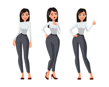Vector illustration of three business woman  in official clothes. Cartoon realistic people illustration.Flat young woman. Front view girl. Thinking woman .のイラスト素材