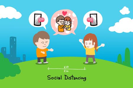 Social distancing of lover concept, drawing vector illustration about couple unable to touch each other or closer. Smartphone is best for working, dating, disease or epidemic situations as Covid-19.のイラスト素材