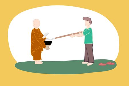 A Man offer food to Buddhist monk. funny concept for Social distancing in pandemic. a man bind a ladle with long stick to give a monk food into alms-bowl. Freehand draw and paint vector illustration.のイラスト素材