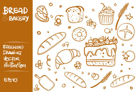 Bread and Bakery. Freehand Vector illustration about products from wheat.のイラスト素材
