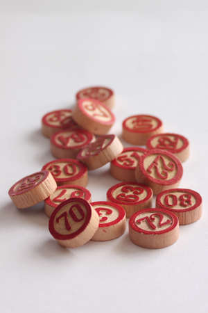 Circular wooden numbers to play bingoの写真素材