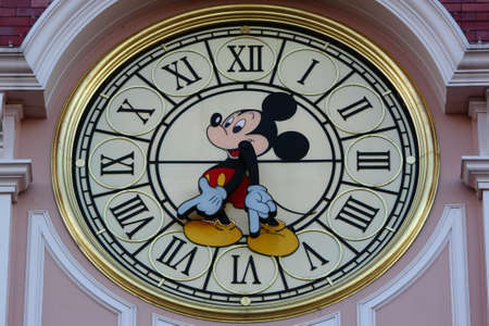 Paris, France, 9 April 2011: Mickey Mouse Clock at Mickey Mouse Hotel in Disneyland Paris