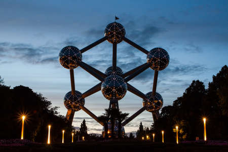 Brussels, Belgium, 04 August 2012 - The Atomium in Brussels at dusk.のeditorial素材