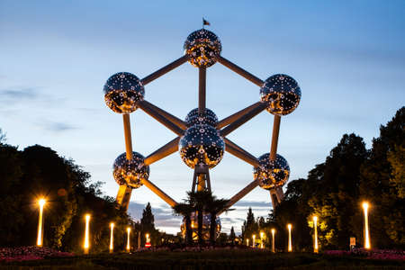 Brussels, Belgium, 04 August 2012 - The Atomium in Brussels at dusk.のeditorial素材