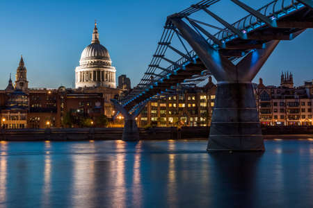 London, England, August 3, 2013 - St Paul Cathedral and Millennium Bridge at night のeditorial素材