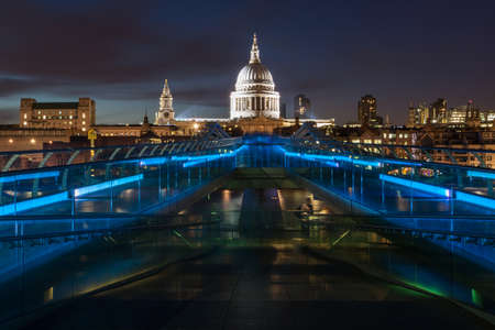 London, England, August 3, 2013 - St Paul Cathedral and Millennium Bridge at night のeditorial素材