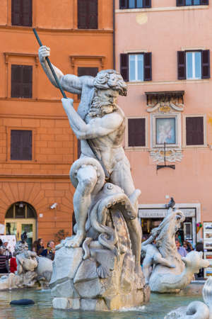 ROME - MARCH 30: Neptune Statue in Piazza Navona on March 30, 2014. The Fountain of Neptune is a fountain in Rome, Italy, located at the north end of the Piazza Navona.のeditorial素材