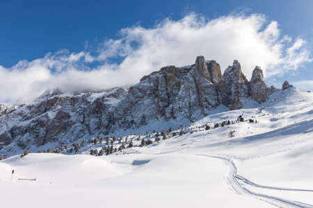 View of the Sella Group with snow in the Italian Dolomitesの写真素材