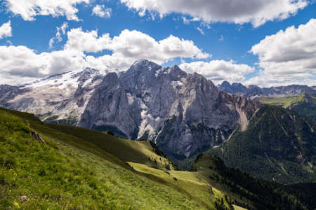 View of the Marmolada, also known as the Queen of the Dolomites. Marmolada is the highest mountain of the Dolomites, situated in northeast of Italy.の写真素材