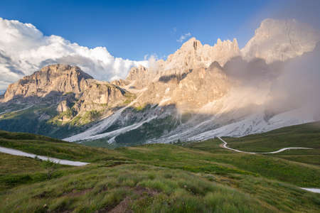 The Pale di San Martino peaks (Italian Dolomites) at sunsetの写真素材