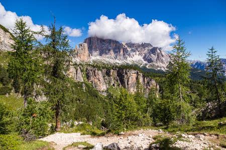 View of Tofane, a mountain group in the Dolomites of northern Italy, west of Cortina d'Ampezzo in the province of Belluno, Veneto.の写真素材