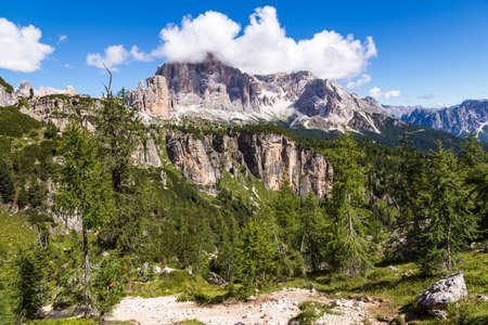View of Tofane, a mountain group in the Dolomites of northern Italy, west of Cortina d'Ampezzo in the province of Belluno, Veneto.の写真素材