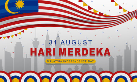 Malaysia Flag banner design Hari Merdeka greeting which means Malaysia Independence Dayのイラスト素材