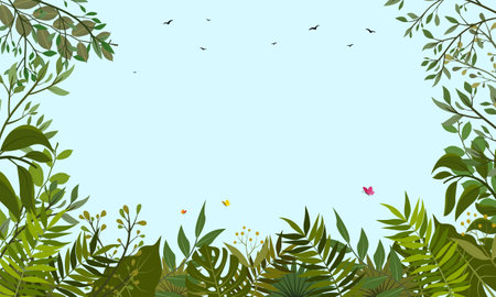 Tropical green foliage background. Forest scene frameのイラスト素材