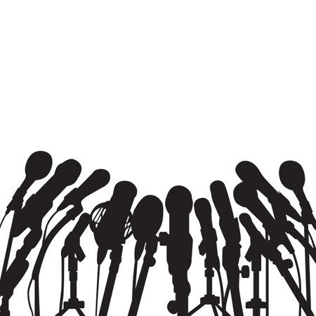 Collection of microphone silhouettes. Press conference, media interview. Vector illustrationのイラスト素材
