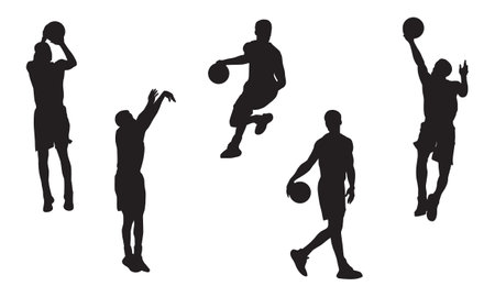 Collection of silhouettes basketball players in various posesのイラスト素材