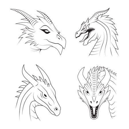 Collection of hand drawn dragon head outline. Dragon line art, vector illustrationのイラスト素材