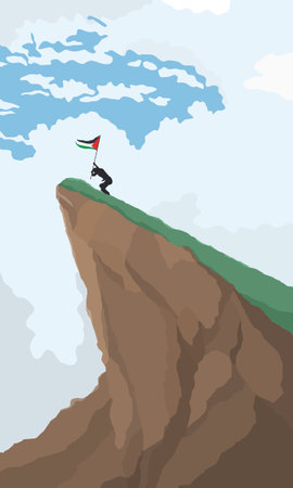Flat design of a person raising Palestine Flag on a cliffのイラスト素材