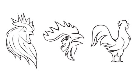 Collection of hand drawn rooster line art. Rooster logo, chicken silhouette logoのイラスト素材