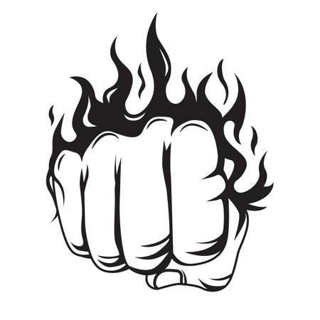 Hand drawn black and white fiery fist illustrationのイラスト素材