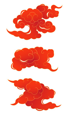Collection of abstract chinese clouds. Luxury red gold chinese cloudのイラスト素材