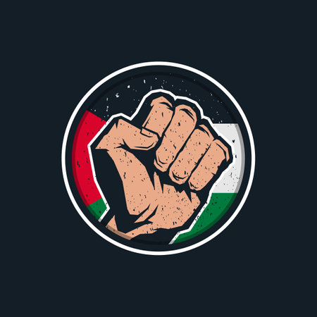 Palestine flag circle badge logo and clenched fistのイラスト素材