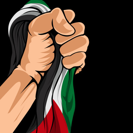 Poster design of clenched hands holding the Palestinian flagのイラスト素材