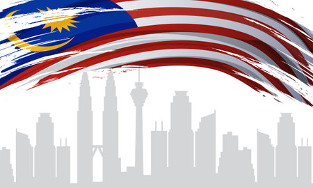 Malaysia flag waving with silhouette of tall buildingsのイラスト素材
