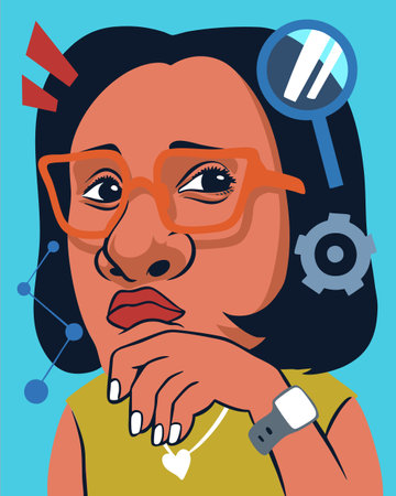 Illustration of a woman wearing glasses thinking about problem solving and researchのイラスト素材