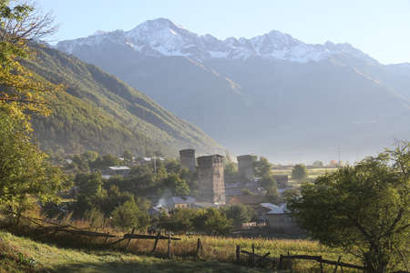 Early foggy morning in the mountains of Georgia, view of the towersの写真素材