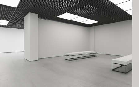 Modern empty minimalistic interior of exhibition with clean walls. Loft design, Art gallery or museum. 3d renderingの写真素材