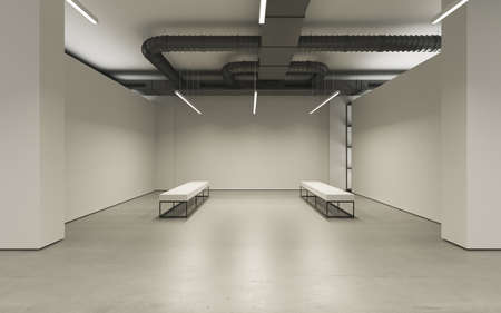 Modern empty minimalistic interior of exhibition with clean walls. Loft design, Art gallery or museum. 3d renderingの写真素材