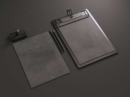 Set of black mockup elements on black backgnound. 3d renderの写真素材