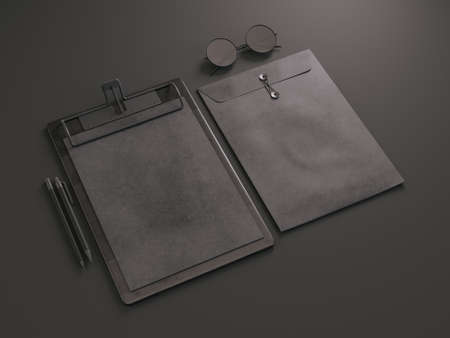 Set of black mockup elements on black backgnound. 3d renderの写真素材