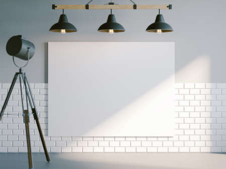 Closeup with blank white canvas and loft industrial floor projector lampの写真素材