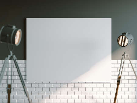 Closeup with blank white canvas and loft industrial floor projector lamp. Light interior