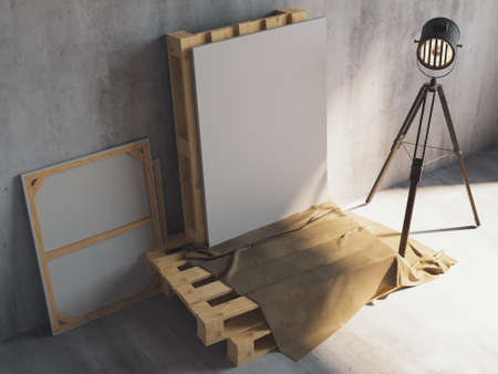 Mockup of vertical blank canvas on the wooden palletes with loft projectors. Art studioの写真素材