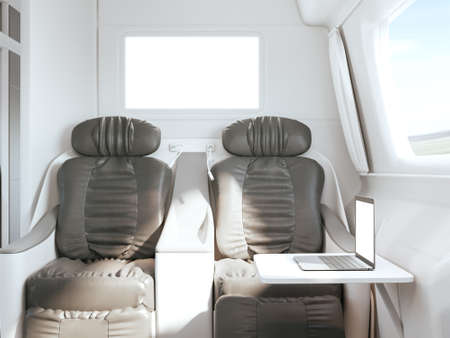 Empty passenger train interior with grey seats. Side view, 3D Rendering