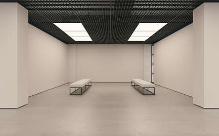 Mockup of light empty exhibition gallery with bench. Concrete floor. Loft designの写真素材