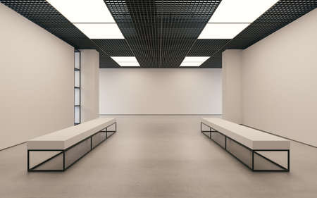 Mockup of light empty exhibition gallery with bench. Concrete floor. Loft designの写真素材