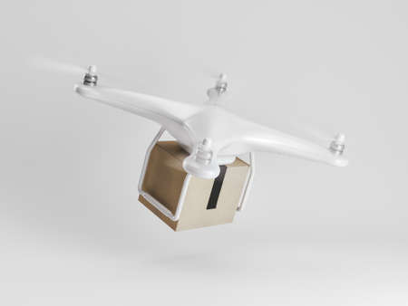 Drone quadrocopter delivering a package, on white backgroundの写真素材