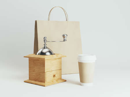 Takeaway cup with coffee mill mock up for identity branding.の写真素材