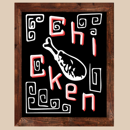 Chicken legs narisovanna white chalk on a blackboard Chorna with wooden frameのイラスト素材
